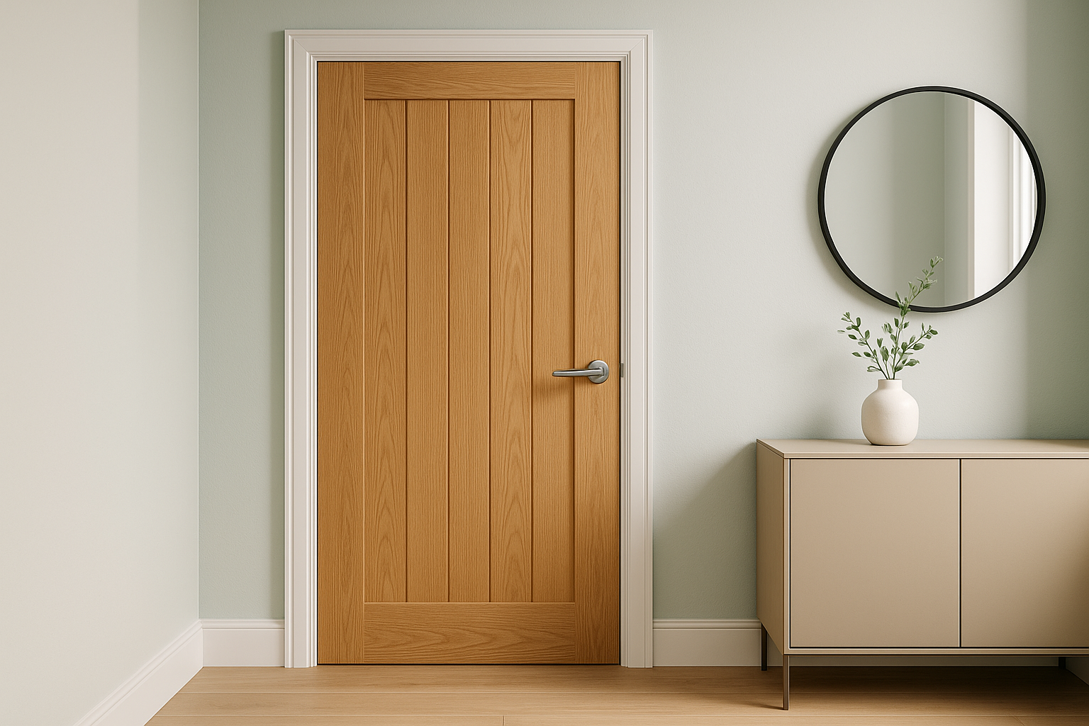 A modern Riviera Oak internal door with five vertical panels and natural oak grain, surrounded by white trim and a brushed steel handle. Set in a calm, minimalist hallway with soft natural light, off-white walls, and subtle teal tones. A round black-framed mirror and neutral sideboard with a white vase and greenery add balance. Clean, premium, Scandinavian-inspired interior style — bright, serene, and high-end.